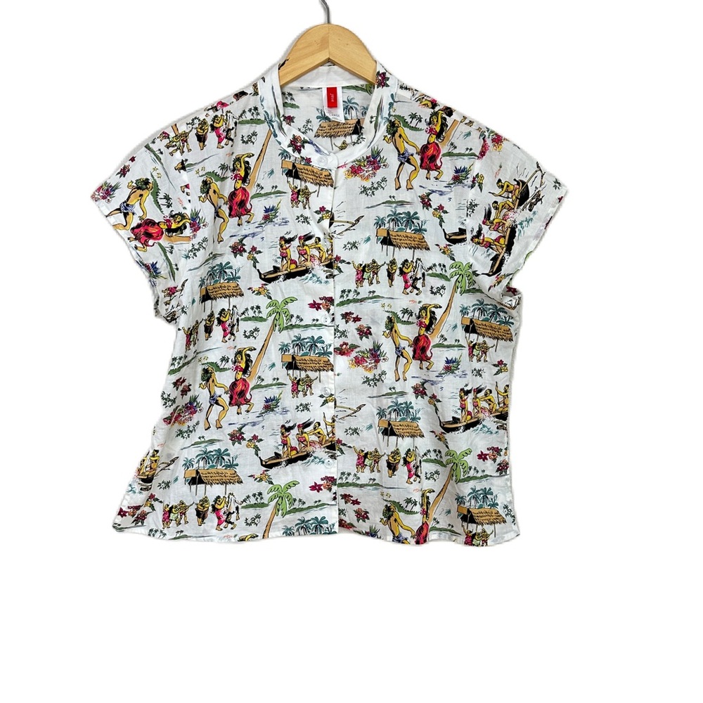 Josie Natori Pajamas Hawaiian Print White Button Down Shirt Top Women’s Sz Large